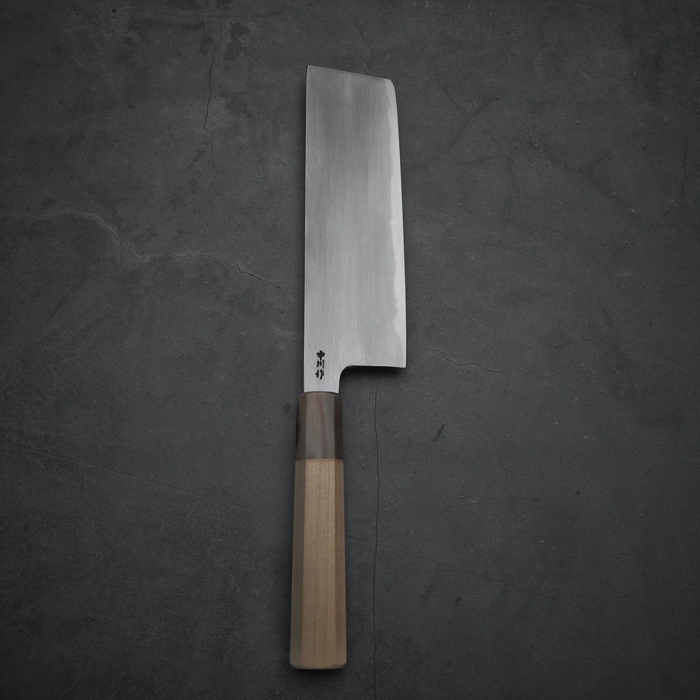 Top view of Nakagawa aogami#2 nakiri knife  in vertical position
