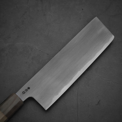 Top view of the right side of the blade of Nakagawa aogami#2 nakiri knife 