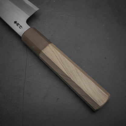 Close up view of the handle of Nakagawa shinogi aogami#2 gyuto knife