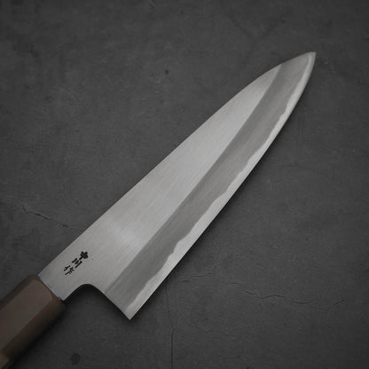Top view of the right side of the blade of Nakagawa shinogi aogami#2 gyuto knife