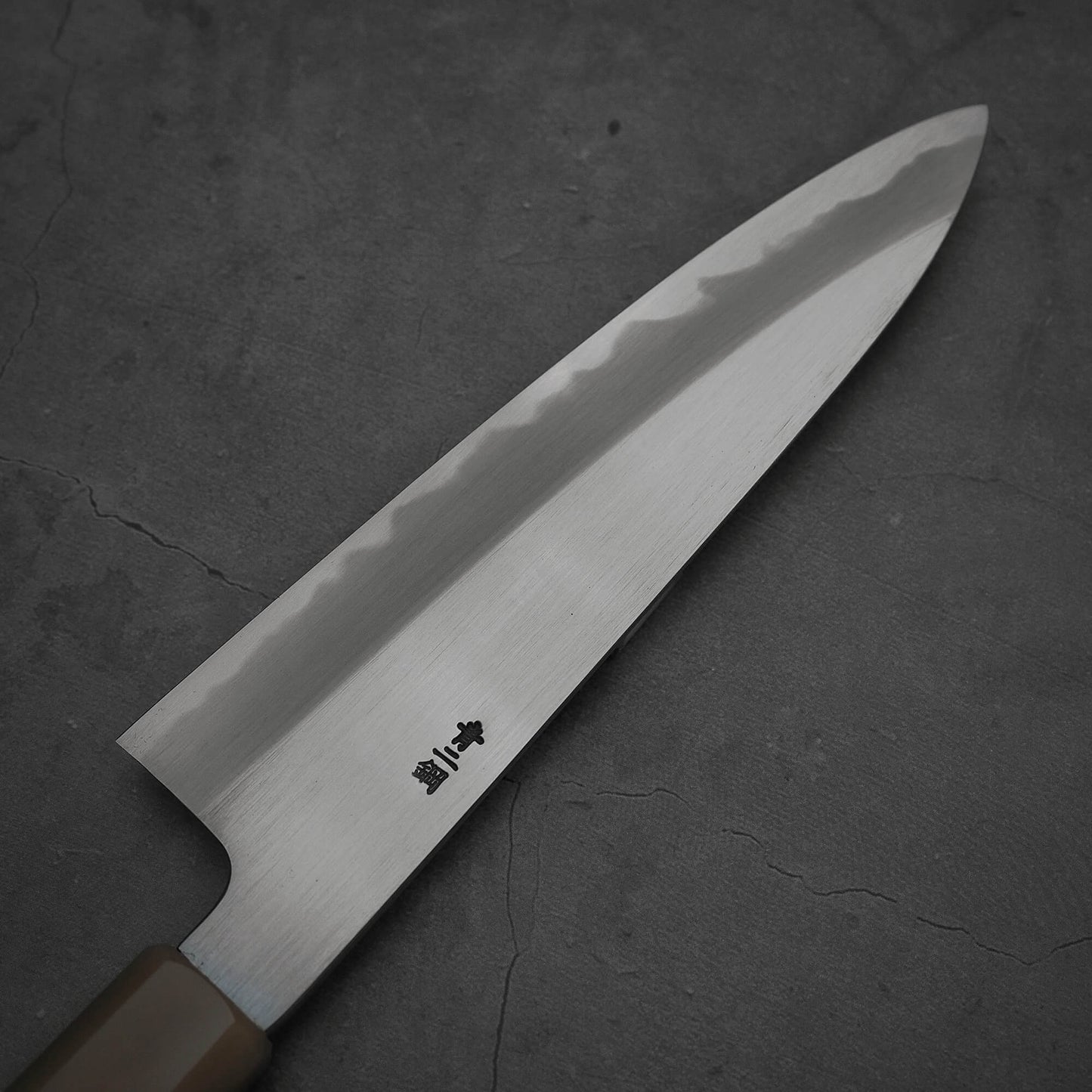 Top view of the back side of Nakagawa shinogi aogami#2 gyuto knife