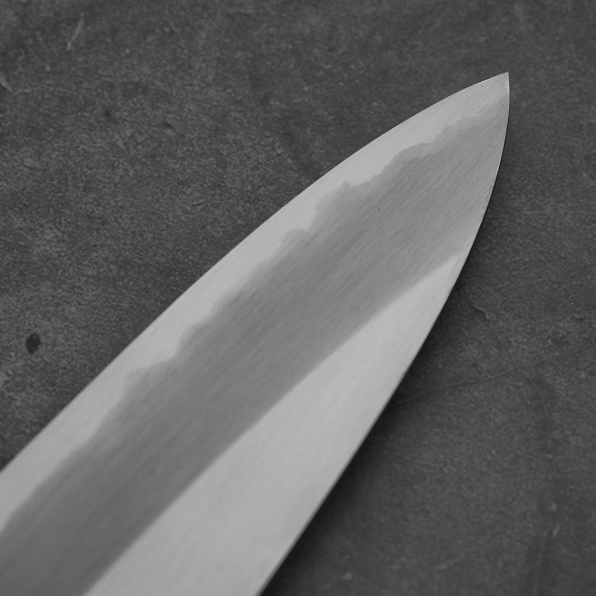 Close up view of the tip area of Nakagawa shinogi aogami#2 gyuto knife. Image shows the left side of the knife