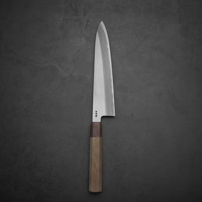 Top view of Nakagawa shinogi aogami#2 gyuto knife in vertical position