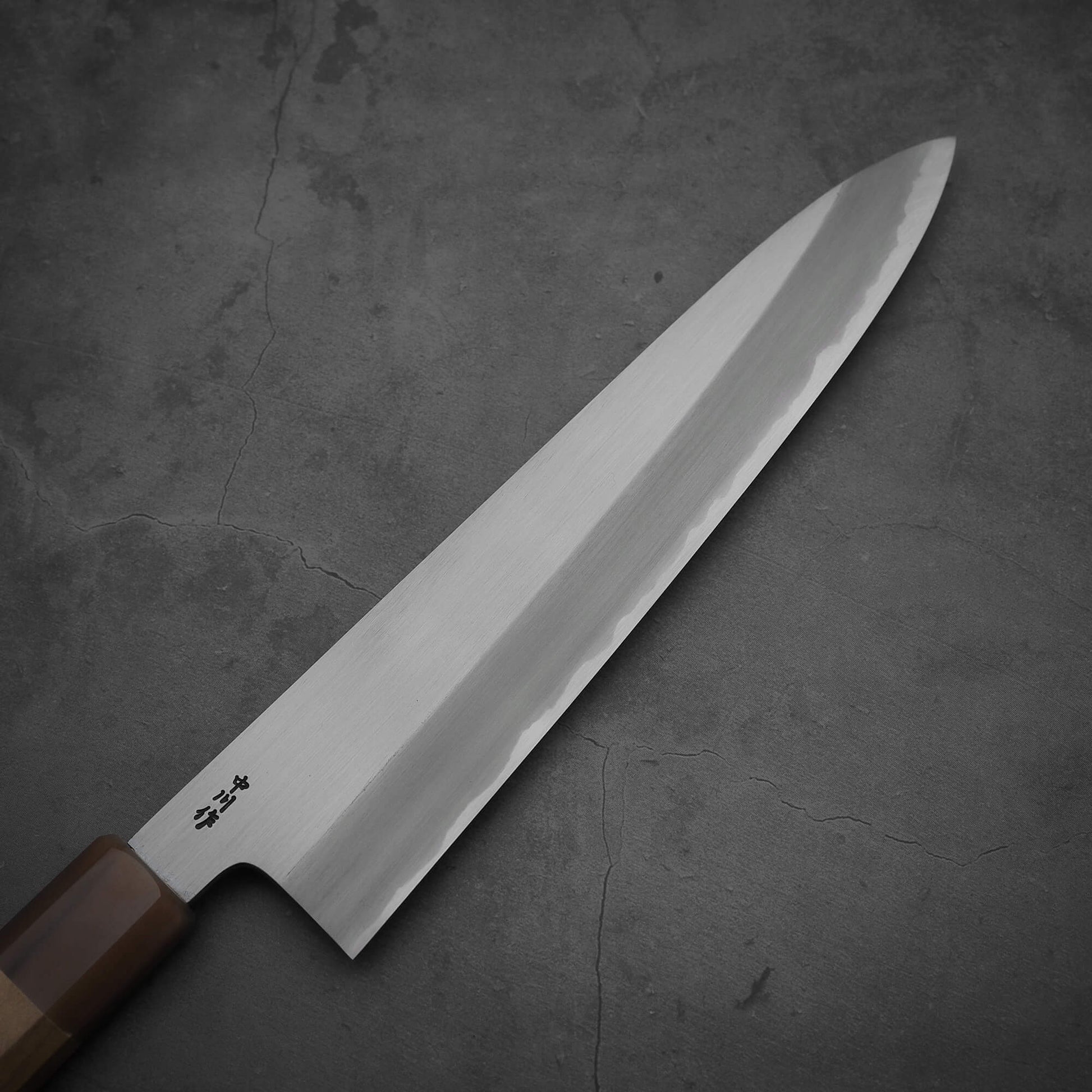 Top view of the right-side blade of Nakagawa shinogi aogami#2 gyuto knife