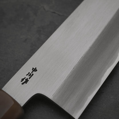 Close up view of the kanji area of Nakagawa shinogi aogami#2 gyuto knife