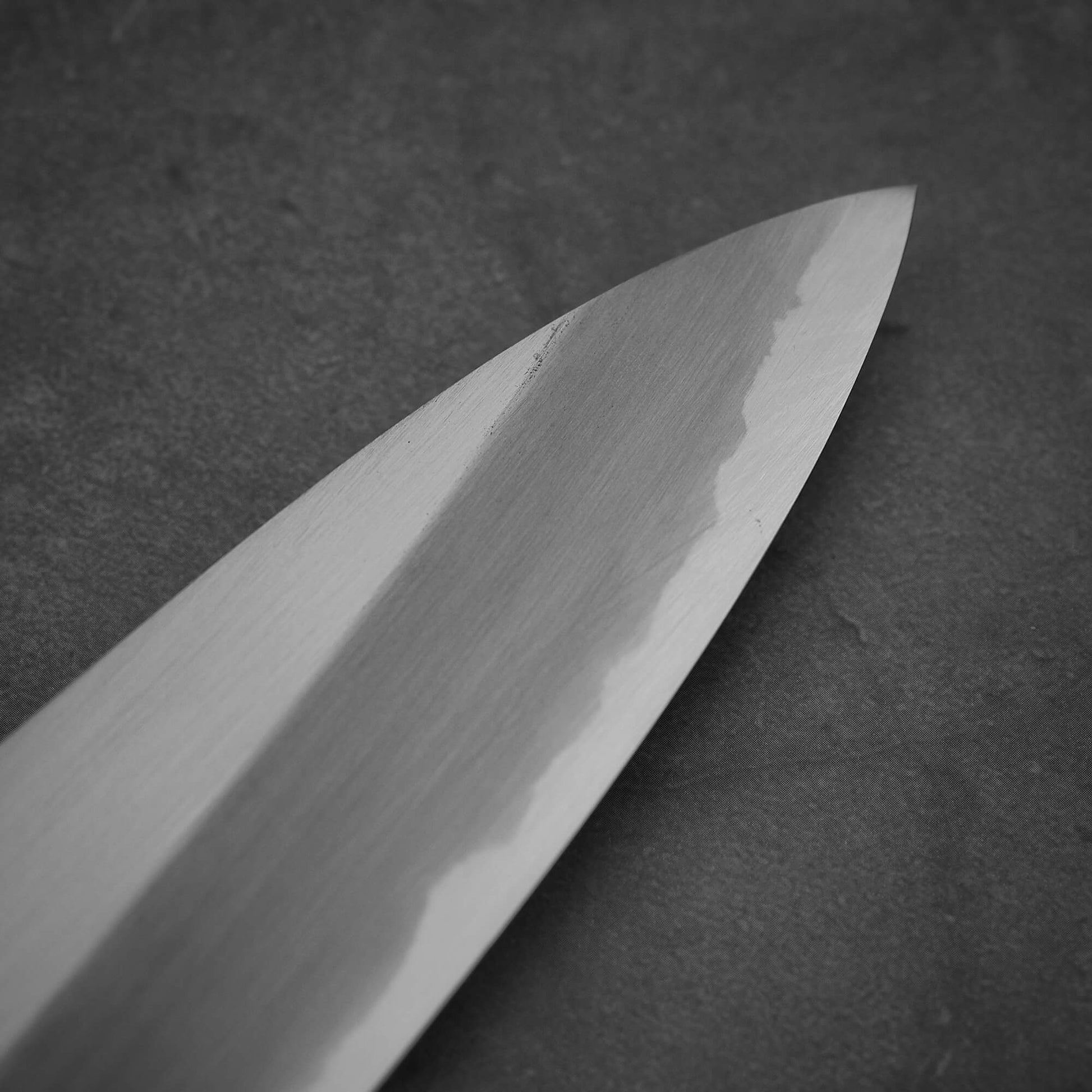 Close up view of the tip area of Nakagawa shinogi aogami#2 gyuto knife. Image shows right side of the blade
