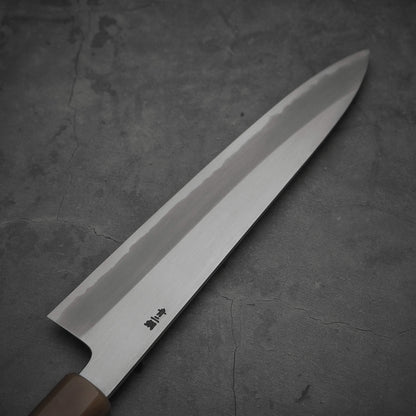 Top view of the back side of Nakagawa shinogi aogami#2 gyuto knife
