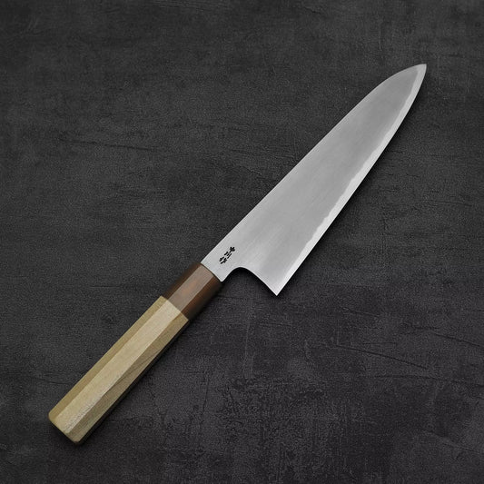 Top down view of Nakagawa bokashi shirogami#1 tall gyuto knife