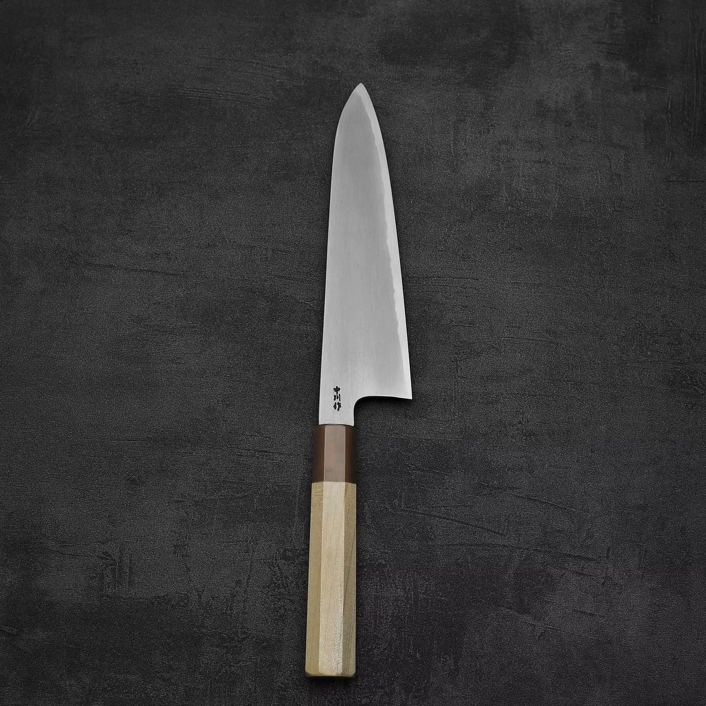 Top down view of Nakagawa bokashi shirogami#1 tall gyuto knife