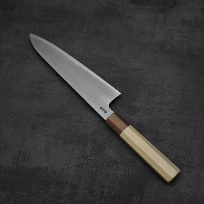 Angled view of Nakagawa bokashi shirogami#1 tall gyuto knife