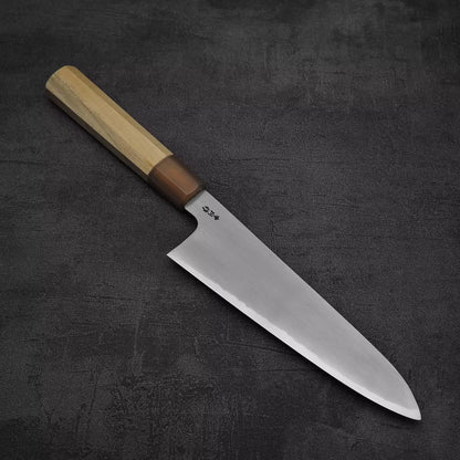 Angled view of Nakagawa bokashi shirogami#1 tall gyuto knife