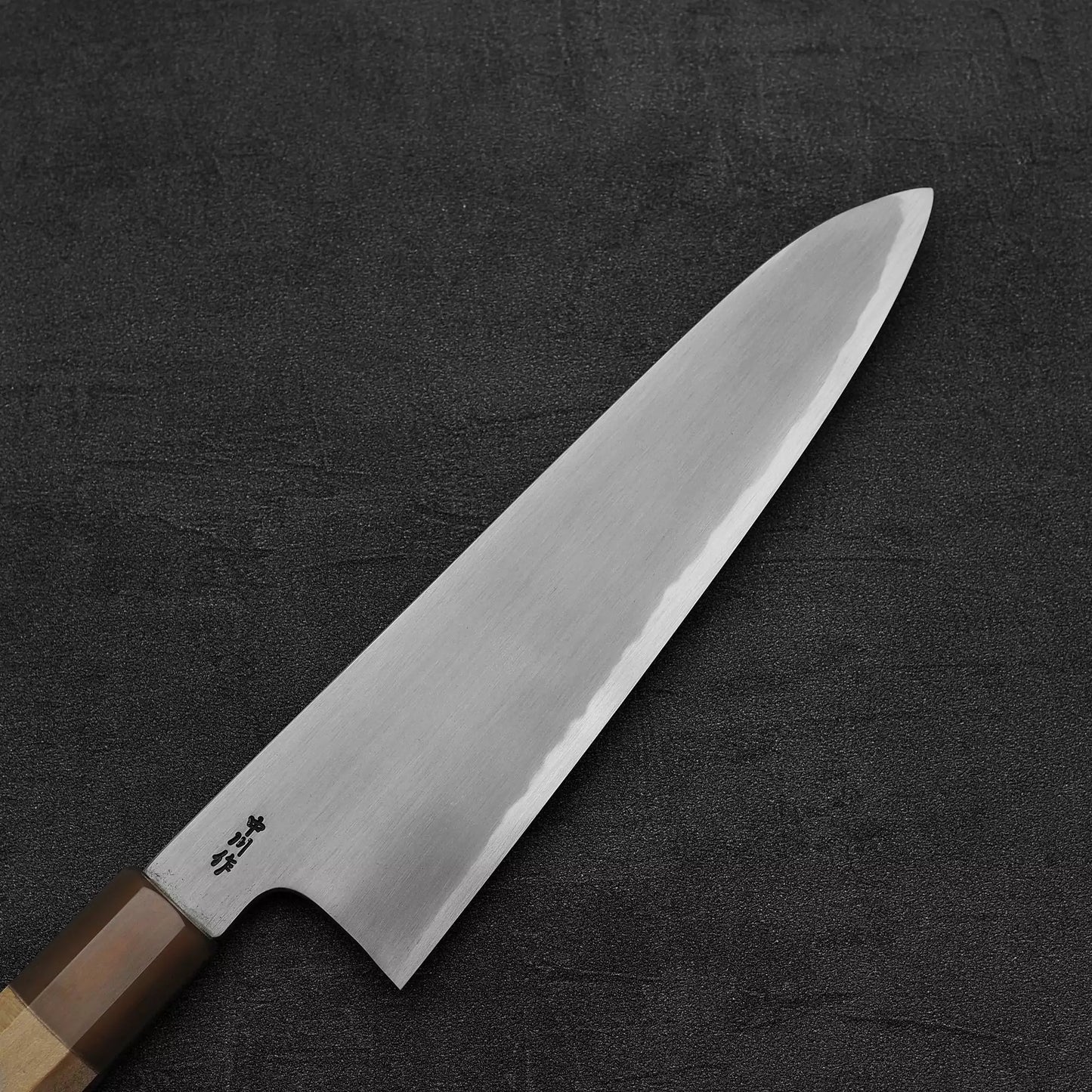 Close up view of the front blade of Nakagawa bokashi shirogami#1 tall gyuto knife