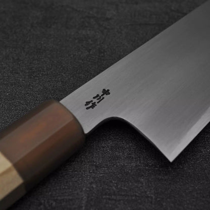 Close up view of the kanji of Nakagawa bokashi shirogami#1 tall gyuto knife