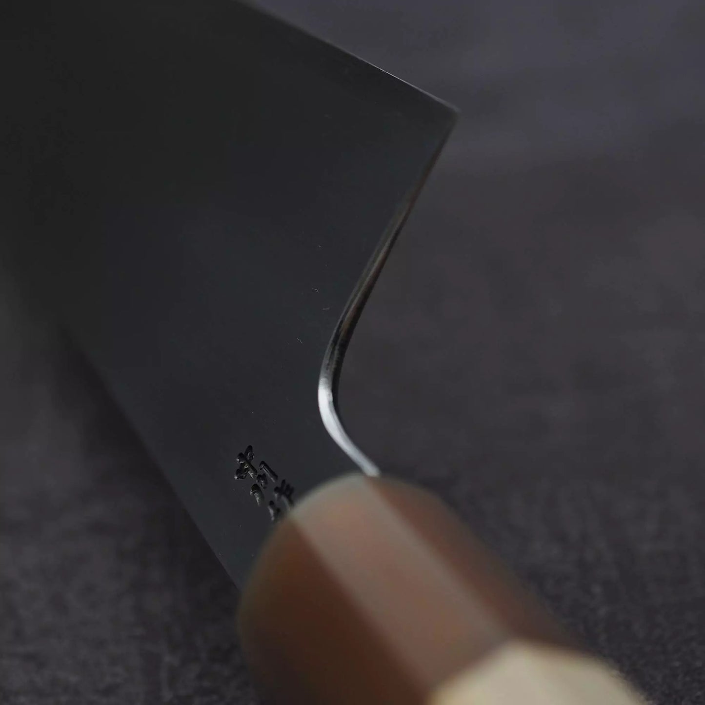 Close up view of the choil of Nakagawa bokashi shirogami#1 tall gyuto knife