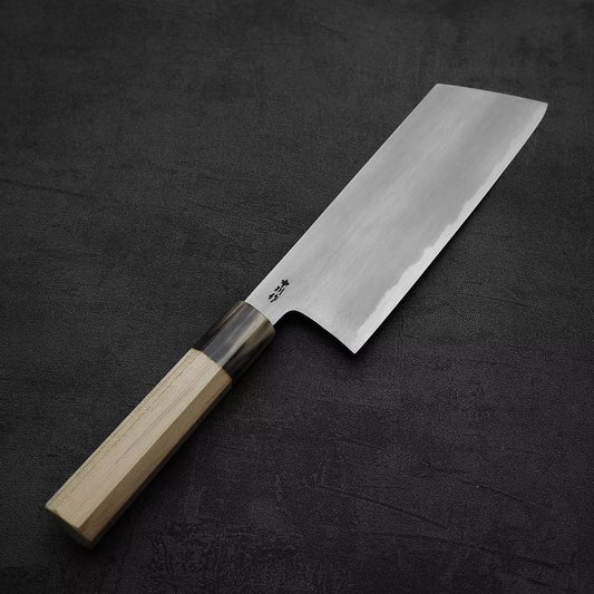 Top down view of Nakagawa bokashi shirogami#1 ktip nakiri knife