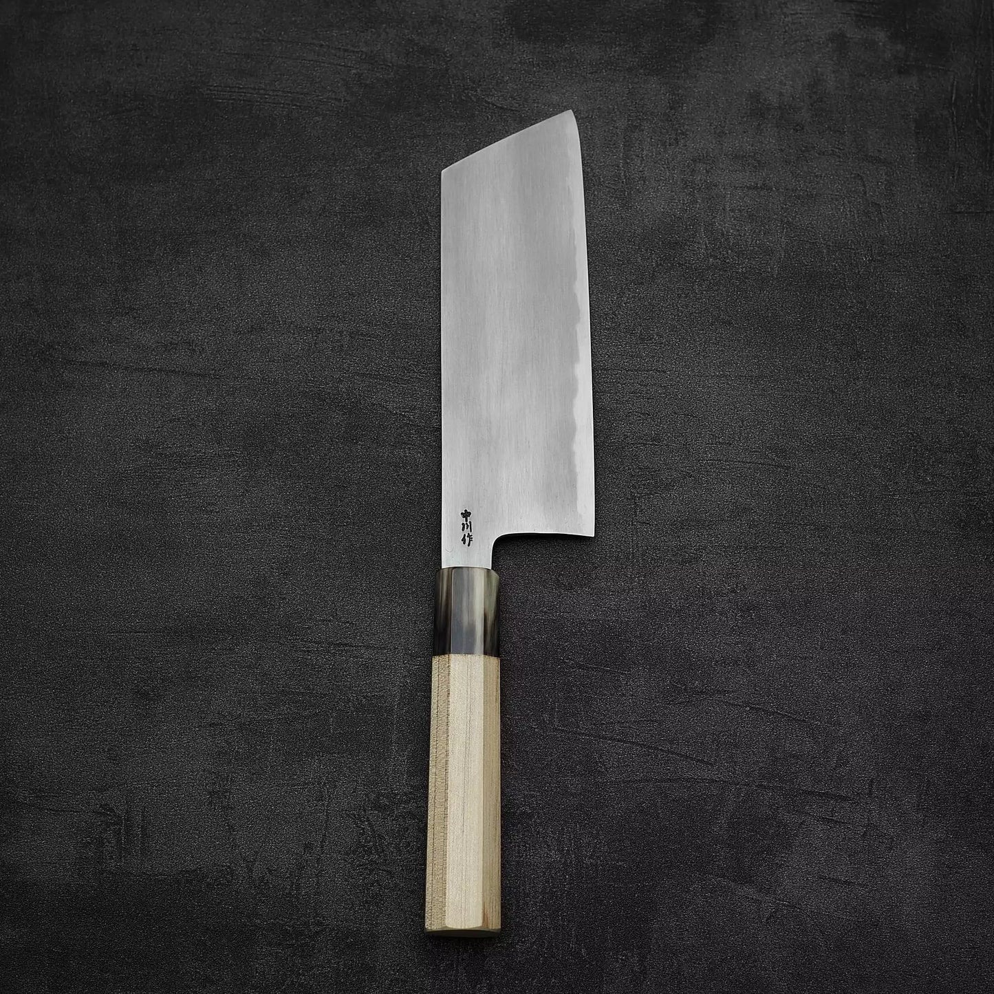 Top down view of Nakagawa bokashi shirogami#1 ktip nakiri knife