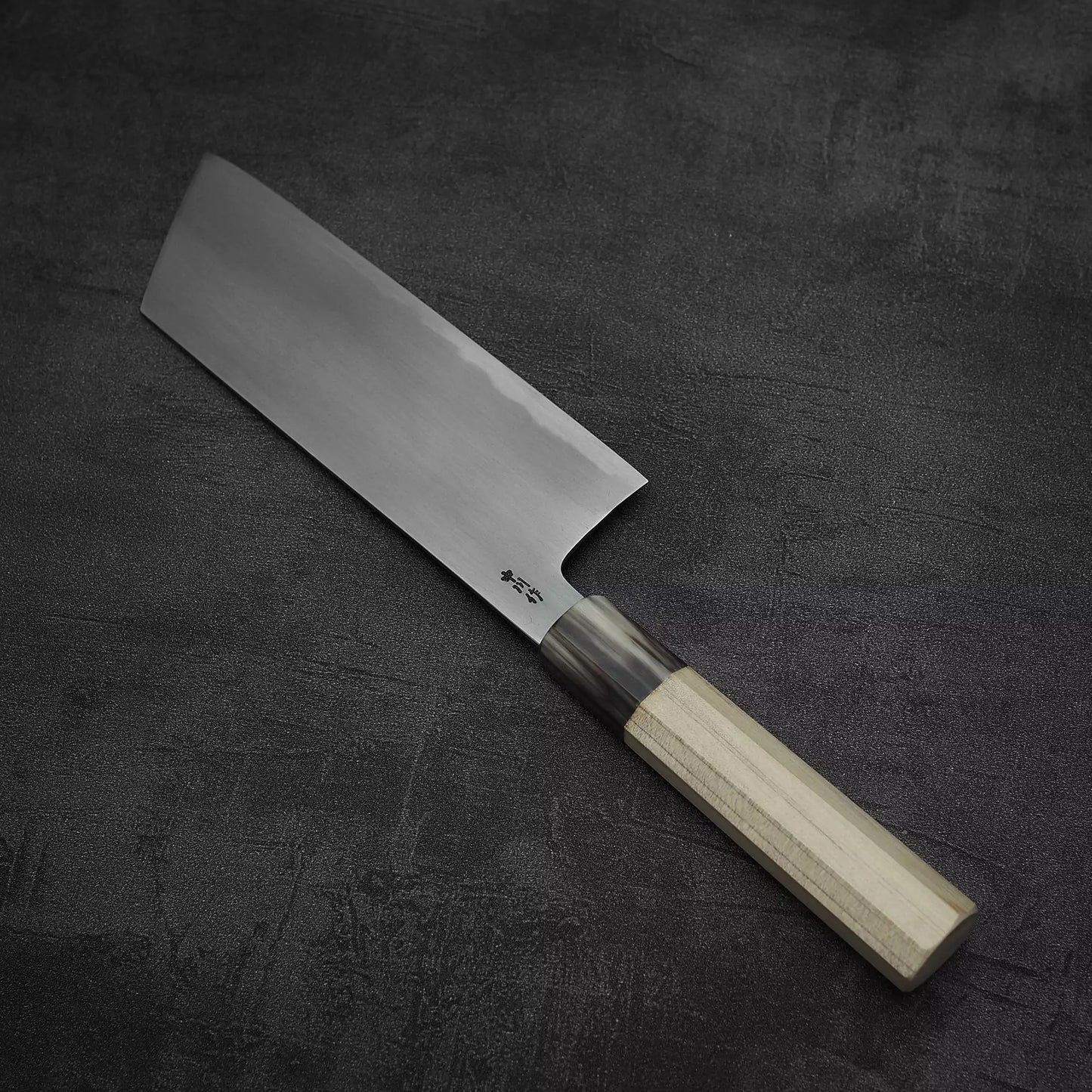 Angled view of Nakagawa bokashi shirogami#1 ktip nakiri knife