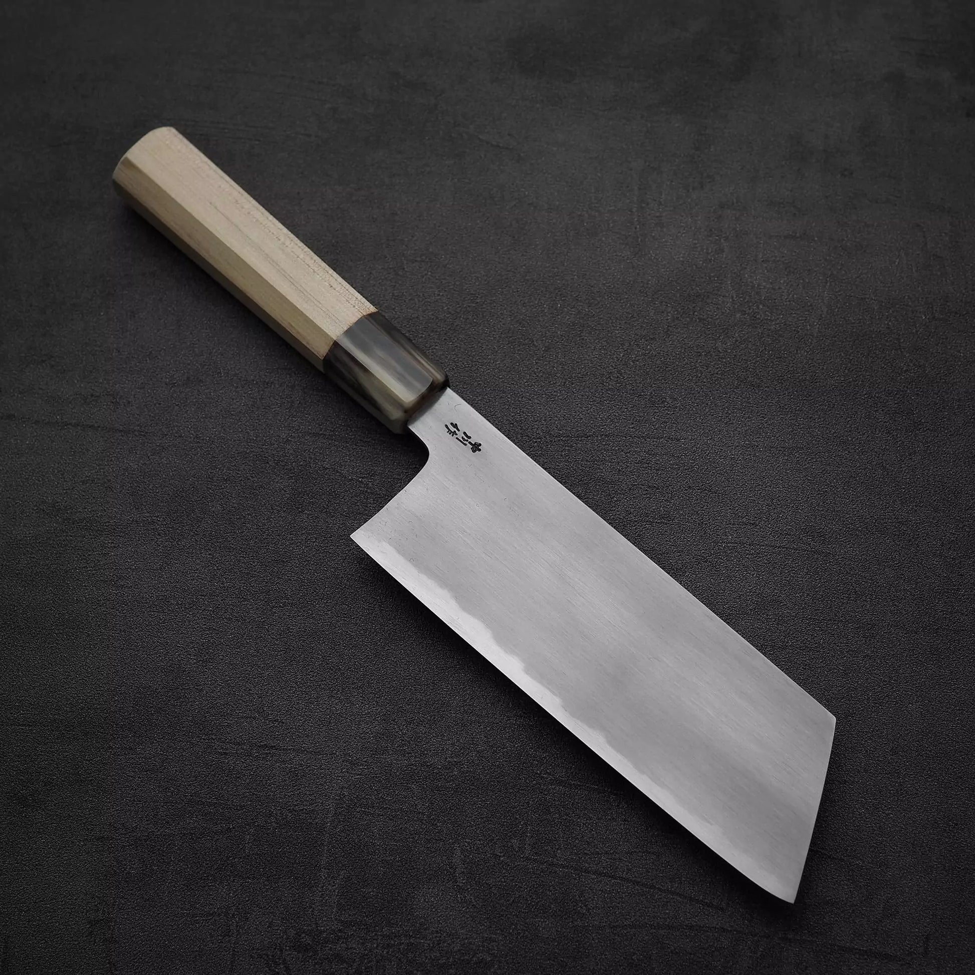 Angled view of Nakagawa bokashi shirogami#1 ktip nakiri knife