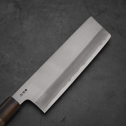 Top view of the right-side blade of Nakagawa shinogi aogami#2 nakiri knife