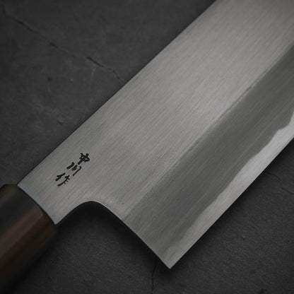 Close up view of the right-side blade of Nakagawa shinogi aogami#2 nakiri knife