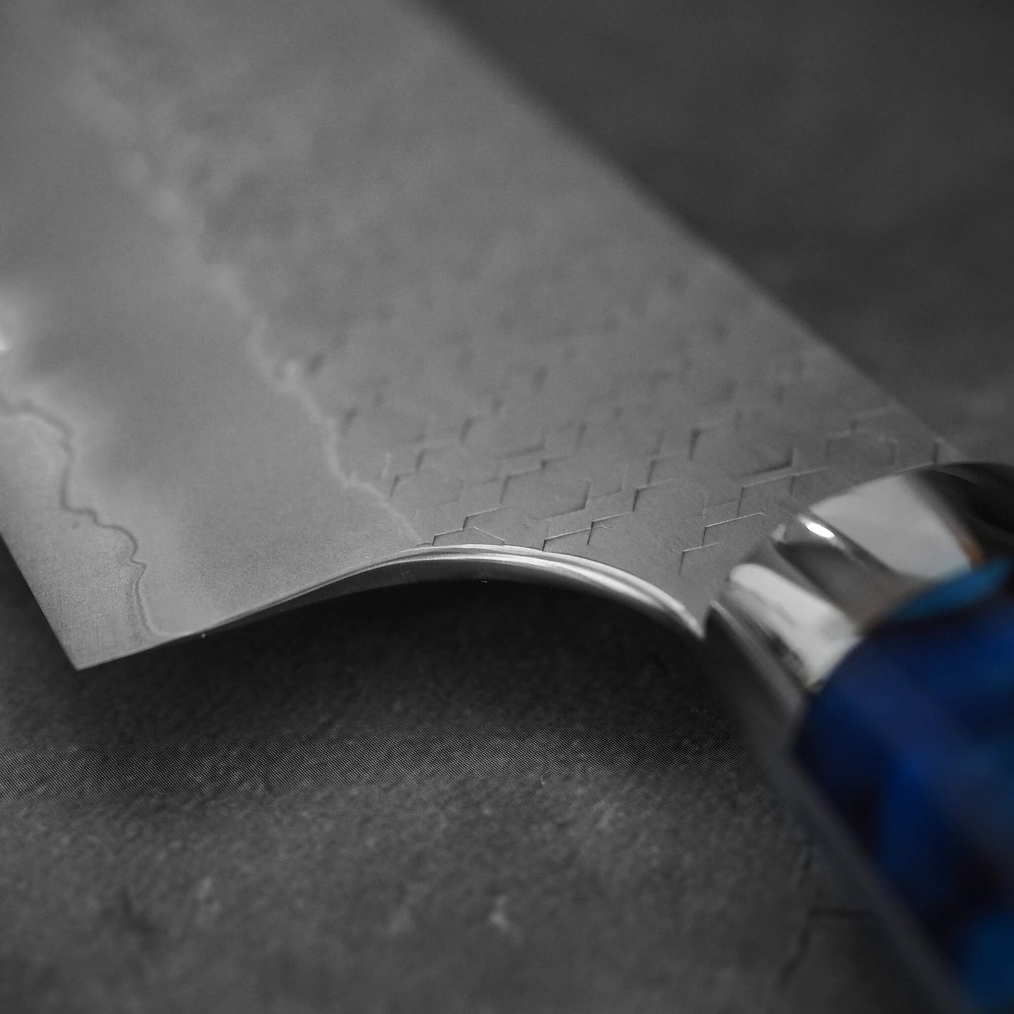 Close up view of 210mm Nigara tsuchime SG2 gyuto knife with blue handle showing the choil