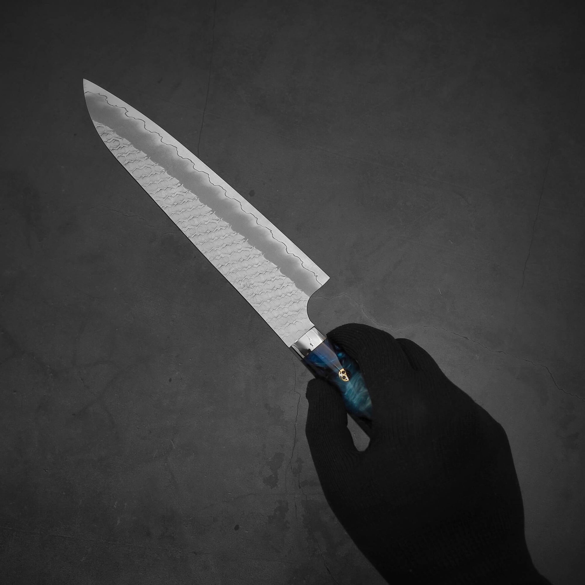 Hand holding 210mm Nigara tsuchime SG2 gyuto knife with blue handle