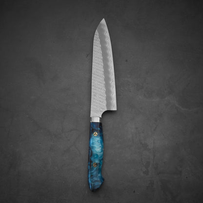 Top view of 210mm Nigara tsuchime SG2 gyuto knife with blue handle in vertical position