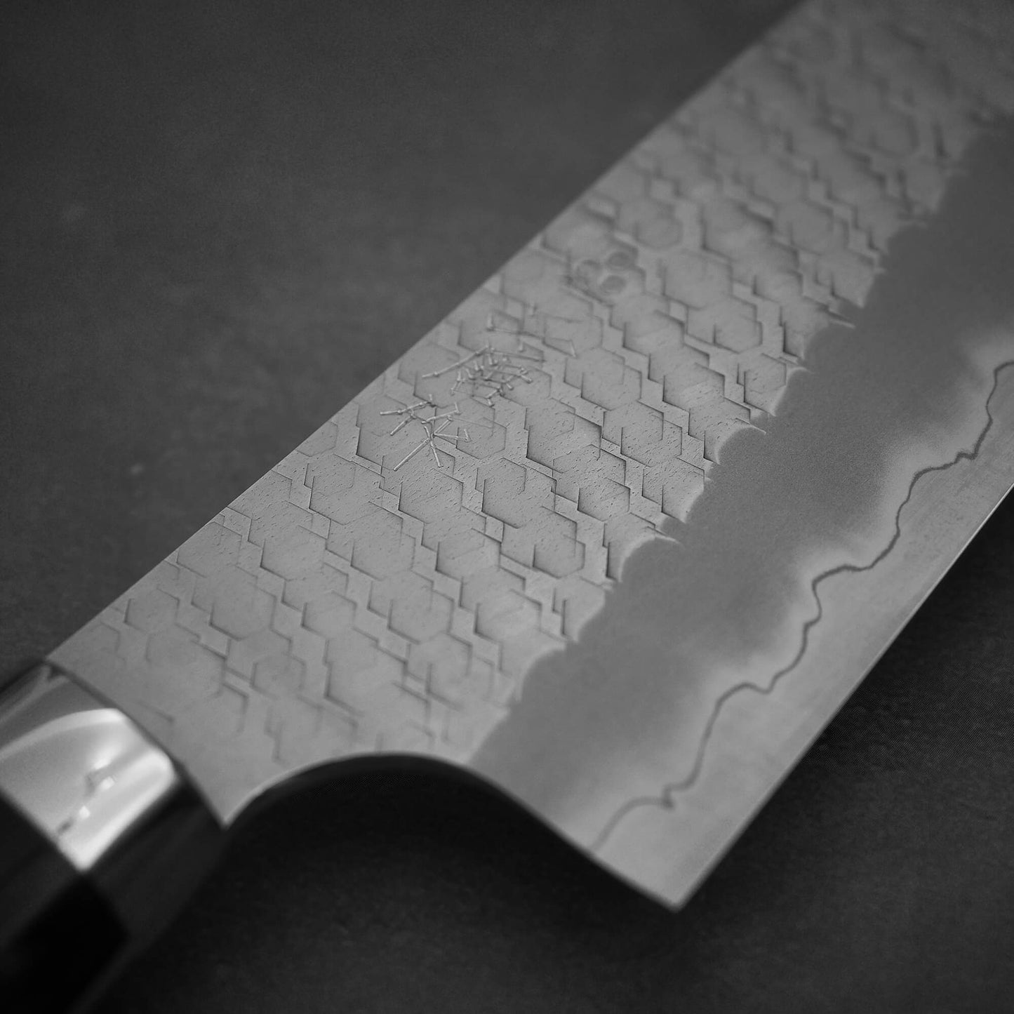 Close up view of 210mm Nigara tsuchime SG2 gyuto knife with blue handle