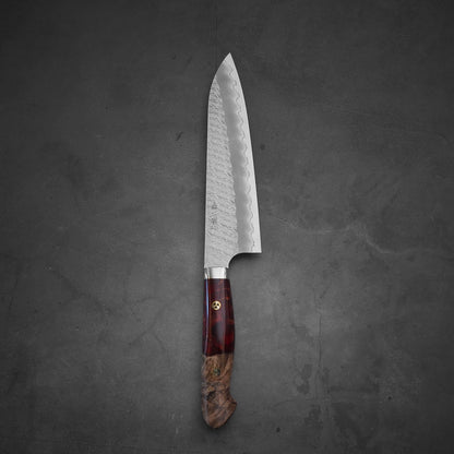 Top view of 210mm Nigara tsuchime SG2 gyuto knife with red handle