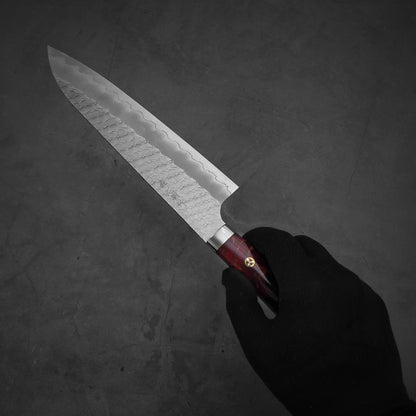 Hand holding 210mm Nigara tsuchime SG2 gyuto knife with red handle