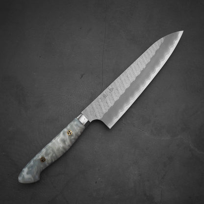 Top view of 210mm Nigara tsuchime SG2 gyuto knife with pearl handle resin