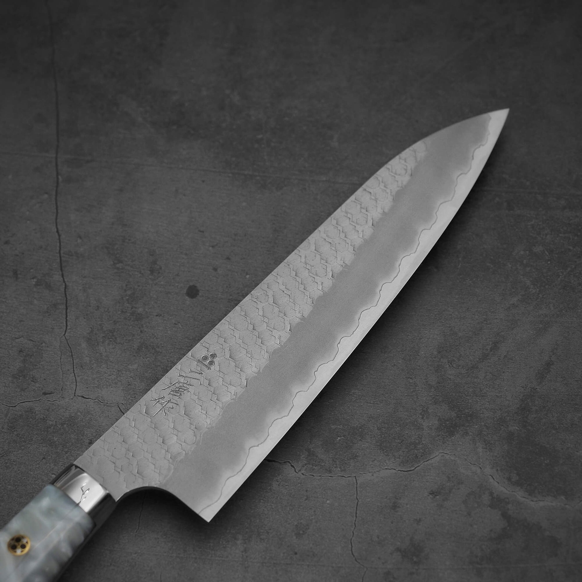 Blade view of 210mm Nigara tsuchime SG2 gyuto knife with pearl handle resin