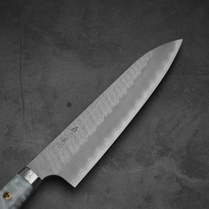 Blade view of 210mm Nigara tsuchime SG2 gyuto knife with pearl handle resin