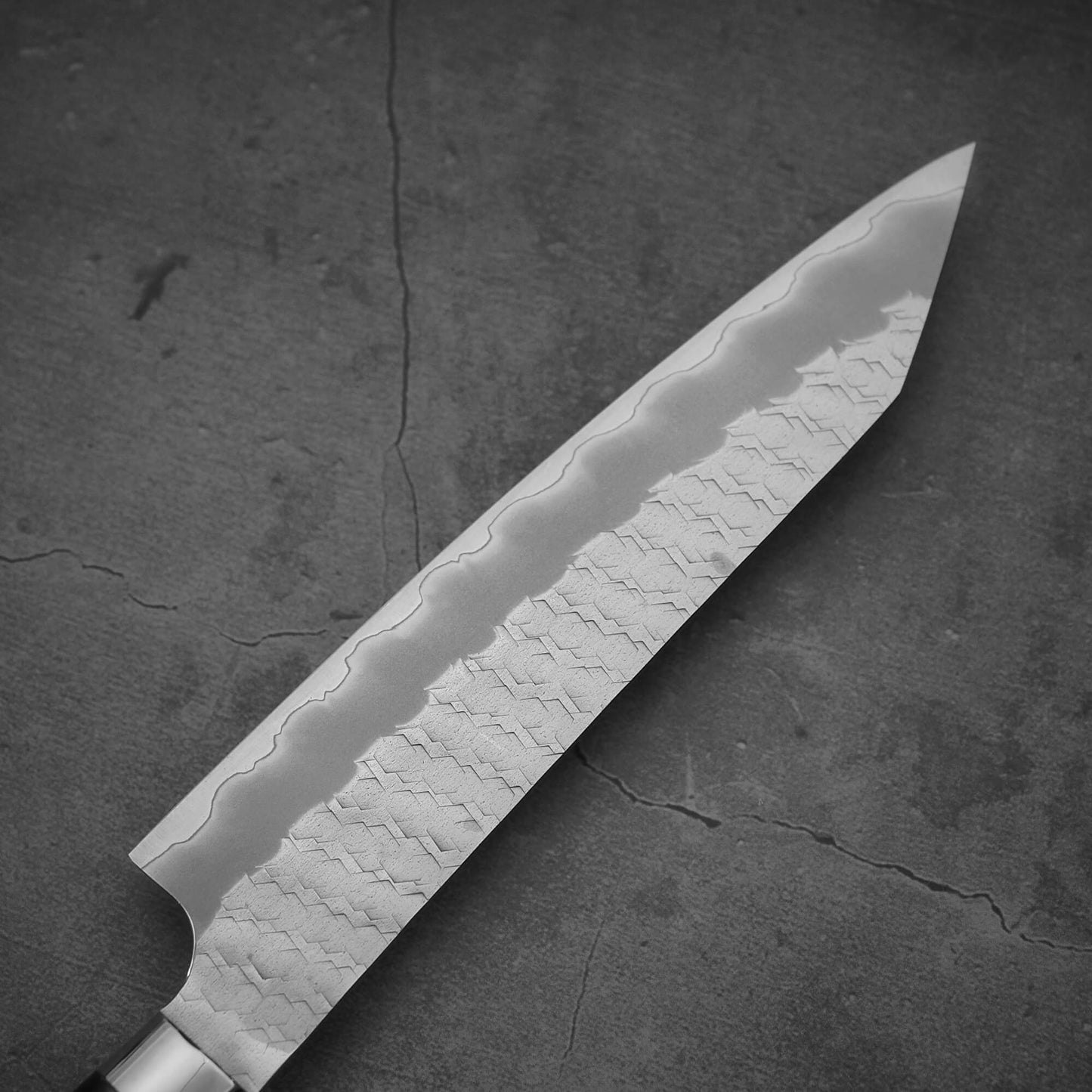 Top view of the blade of Nigara tsuchime SG2 kiritsuke petty knife 150mm on the other side