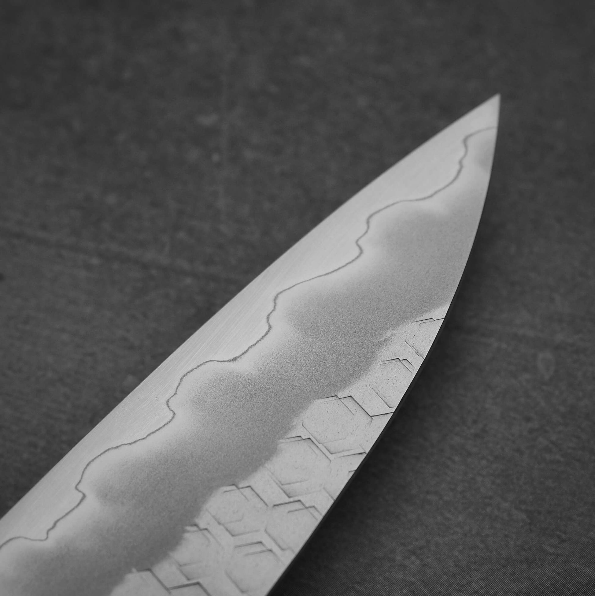 Close up view of the tip area of the Nigara tsuchime SG2 petty knife 150mm