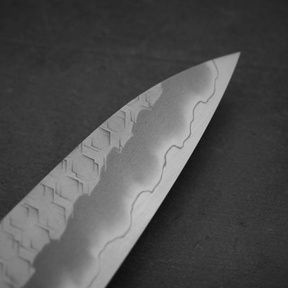 Close up view around the tip area of Nigara tsuchime SG2 petty knife 150mm