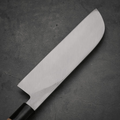 Close up view of the blade of Sakai Takayuki shirogami#3 kamagata usuba knife. Image shows the back side