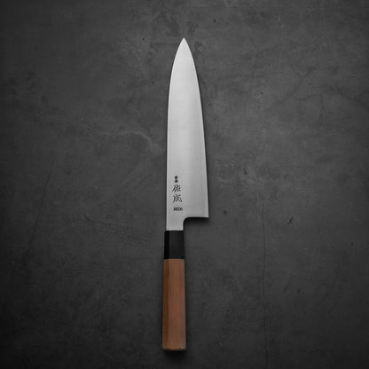 Top view of Sukenari XEOS gyuto 240mm in vertical position