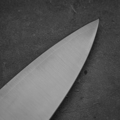 Close up view of the tip area of Sukenari XEOS gyuto 240mm. Image focuses on the back side of the knife