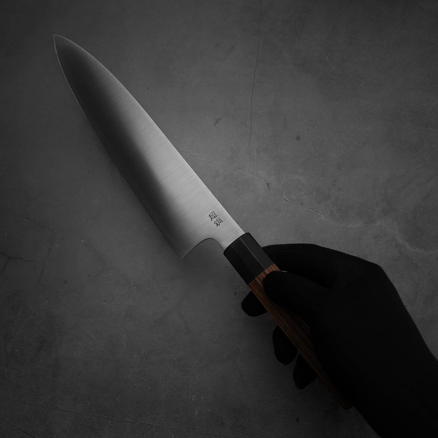 Hand holding a 240mm Sukenari ZDP189 gyuto knife where the back side of the knife is shown