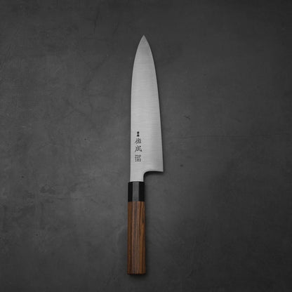 Top view of a 240mm Sukenari ZDP189 gyuto knife in vertical position
