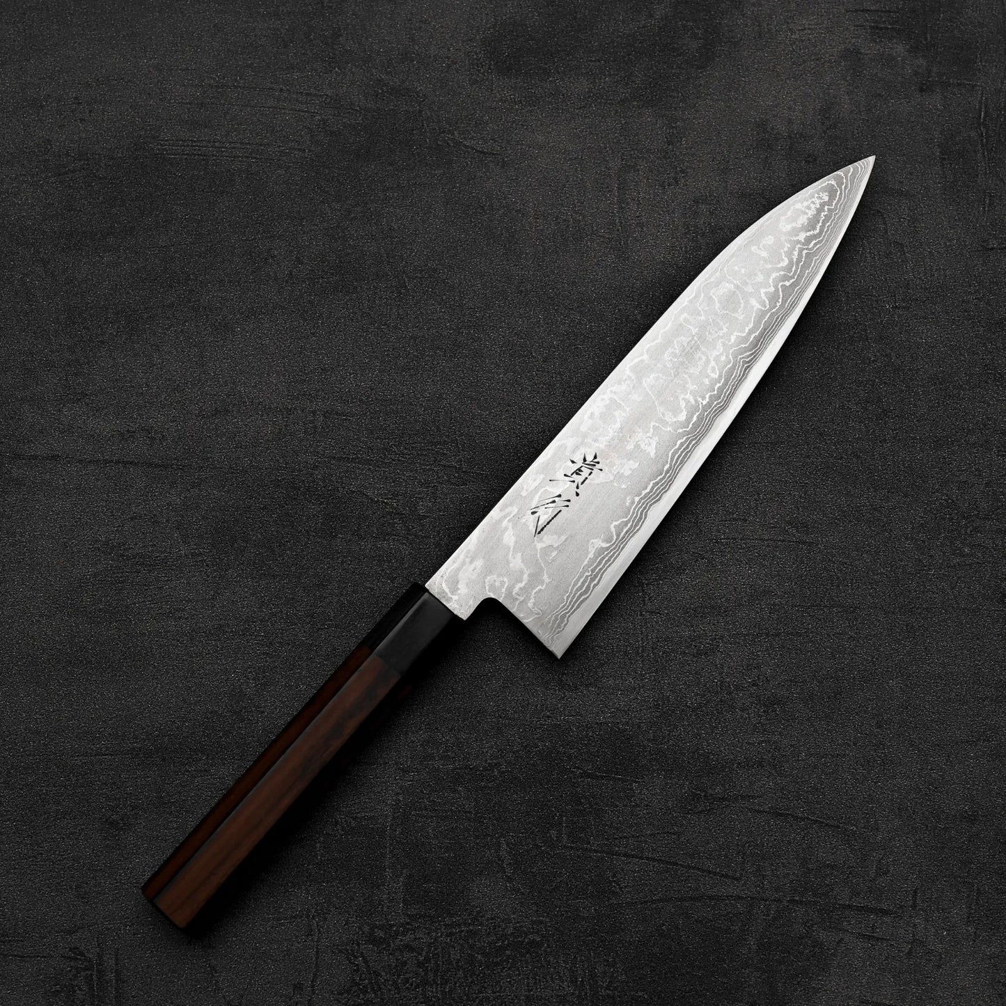 Top down view of Takayuki Iwai aogami#2 damascus 210mm gyuto knife