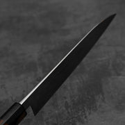 Close up view of the spine of Takayuki Iwai aogami#2 damascus 210mm gyuto knife
