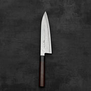 Top down view of Takayuki Iwai aogami#2 damascus 210mm gyuto knife in vertical position