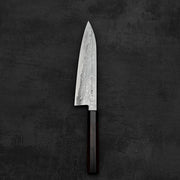 Top down view of Takayuki Iwai aogami#2 damascus 210mm gyuto knife showing the back side