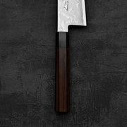 Close up view of the handle of Takayuki Iwai aogami#2 damascus 210mm gyuto knife