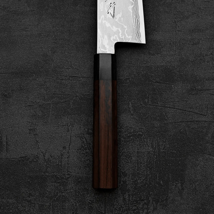 Close up view of the handle of Takayuki Iwai aogami#2 damascus 210mm gyuto knife