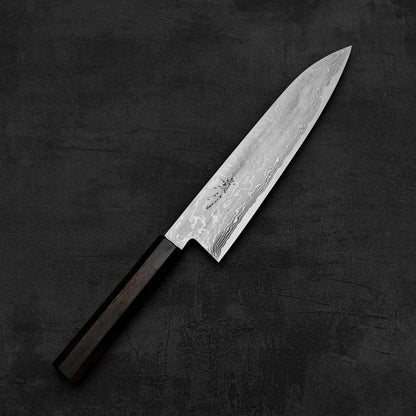Top down view of Takayuki Iwai aogami#2 damascus 240mm gyuto knife