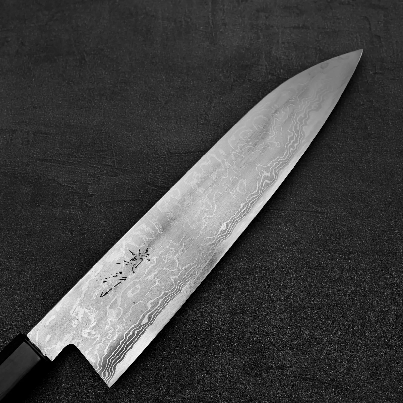 Close up view of Takayuki Iwai aogami#2 damascus 240mm gyuto knife
