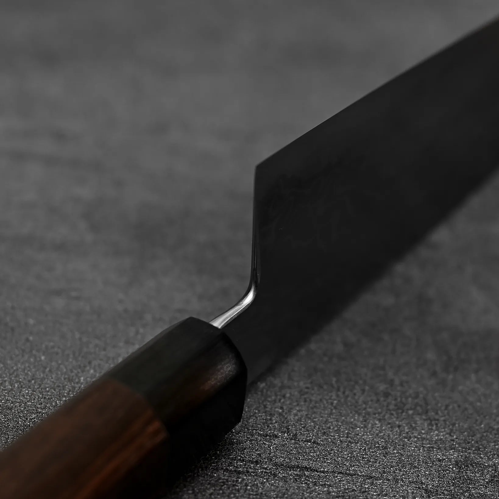 Close up view of the choil of Takayuki Iwai aogami#2 damascus 240mm gyuto knife